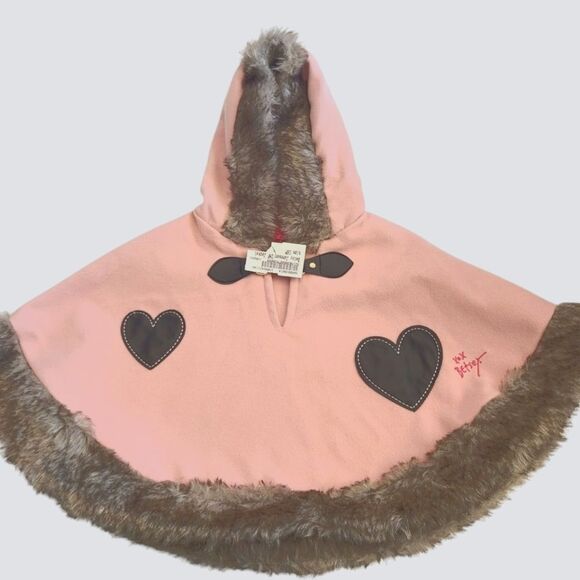 Betsey Johnson Cape Hoodie Toddler Pink Felt With Hearts Faux Fur Sz 18 Mos - Picture 10 of 11
